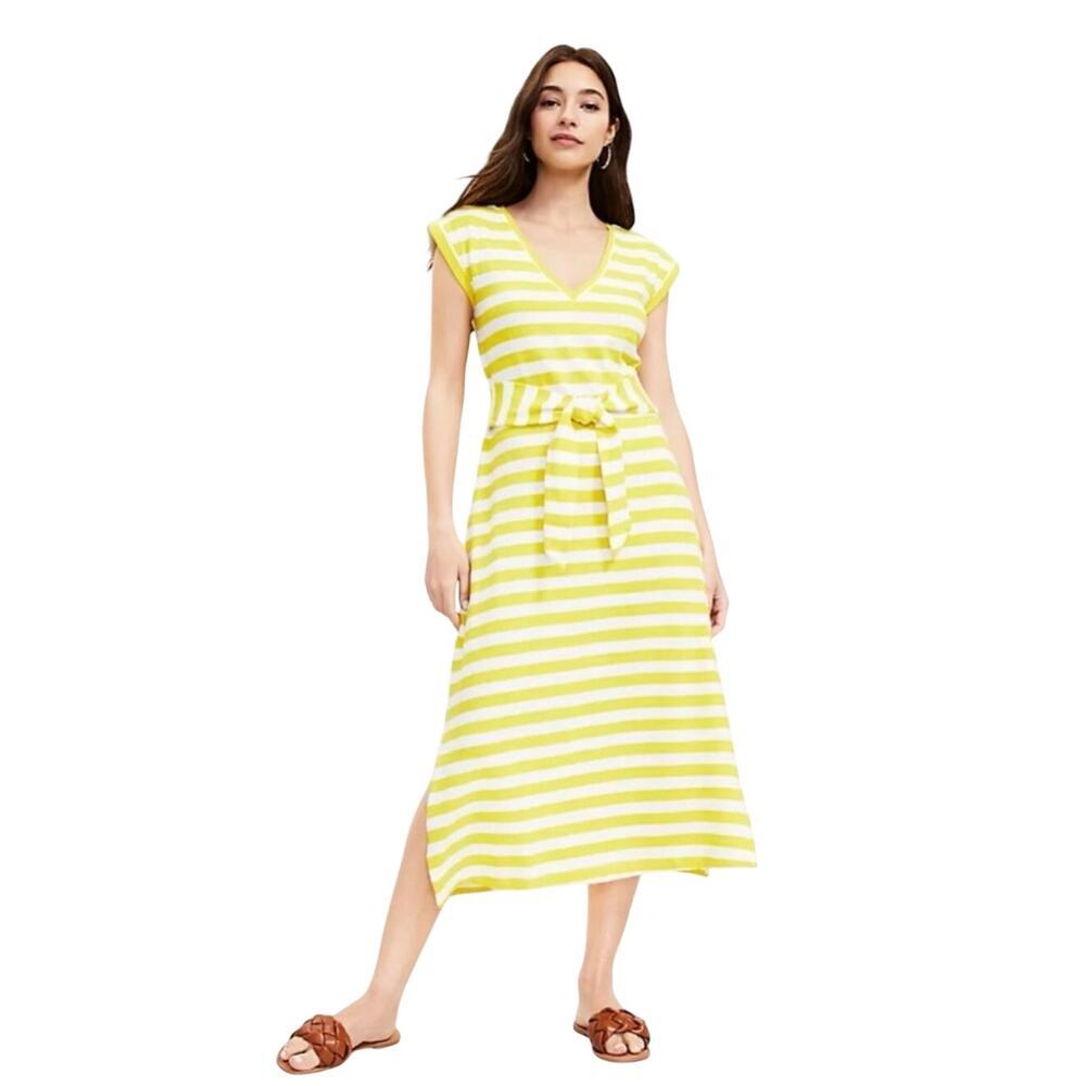 LOFT Women's Yellow & White Striped Sleeveless Midi Dress Size L. NEW!